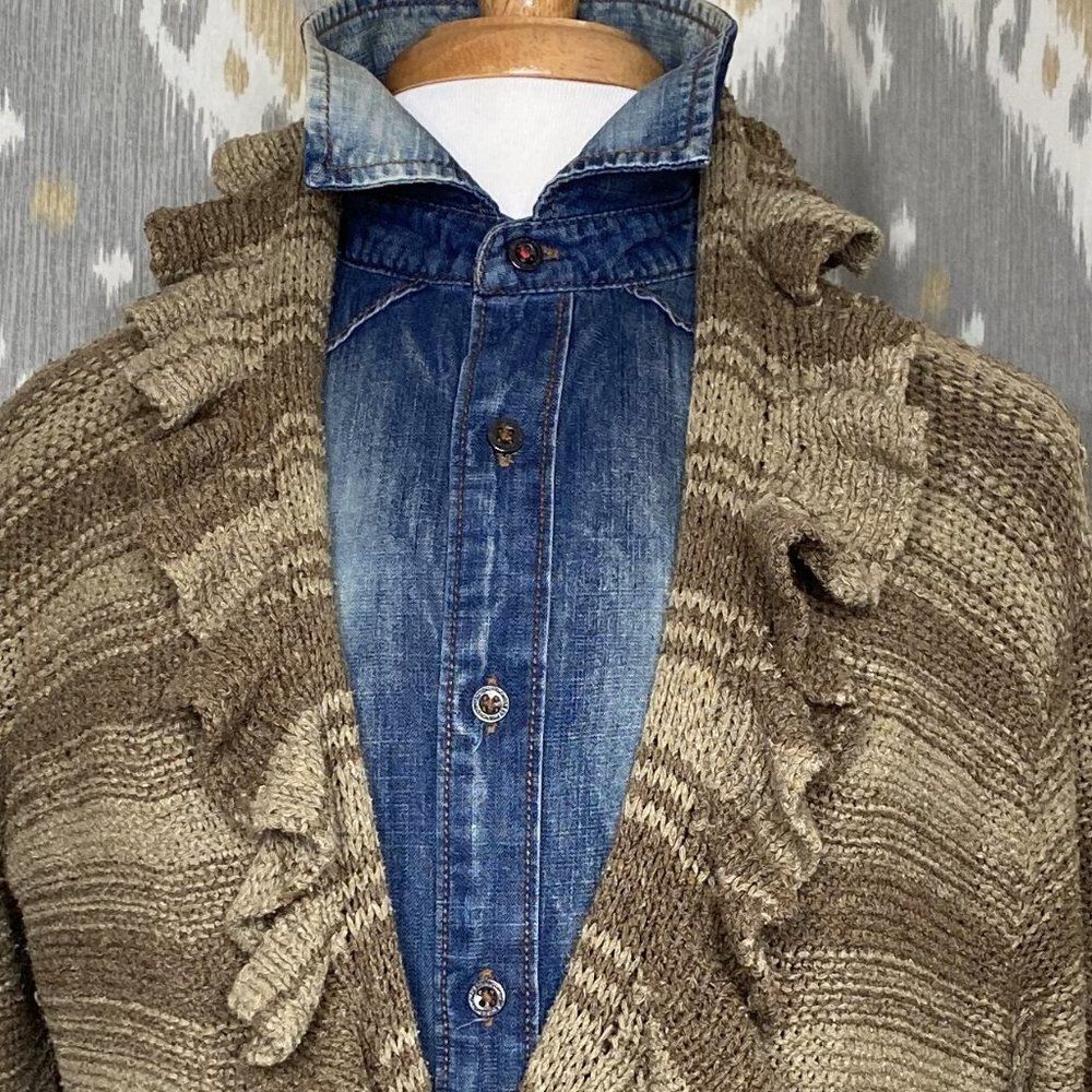 Ralph Lauren Olive Stripe Blanket Stitch Silk Hand Knit Ruffle CardiCoat
